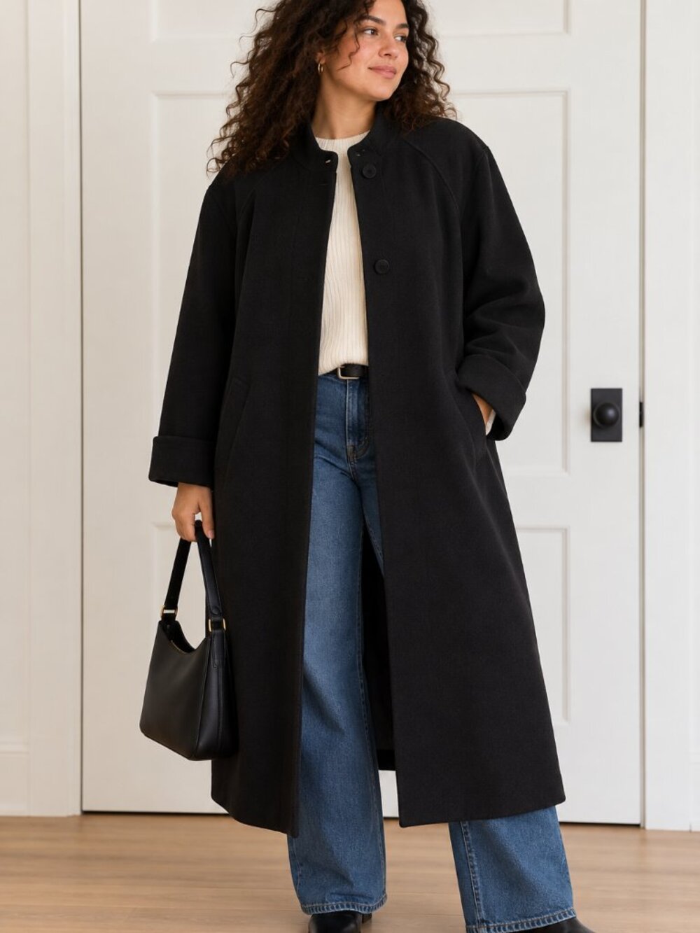 Vintage CBO New York Black Wool Blend Long Coat Plus Size 18W Minimalist ✨
